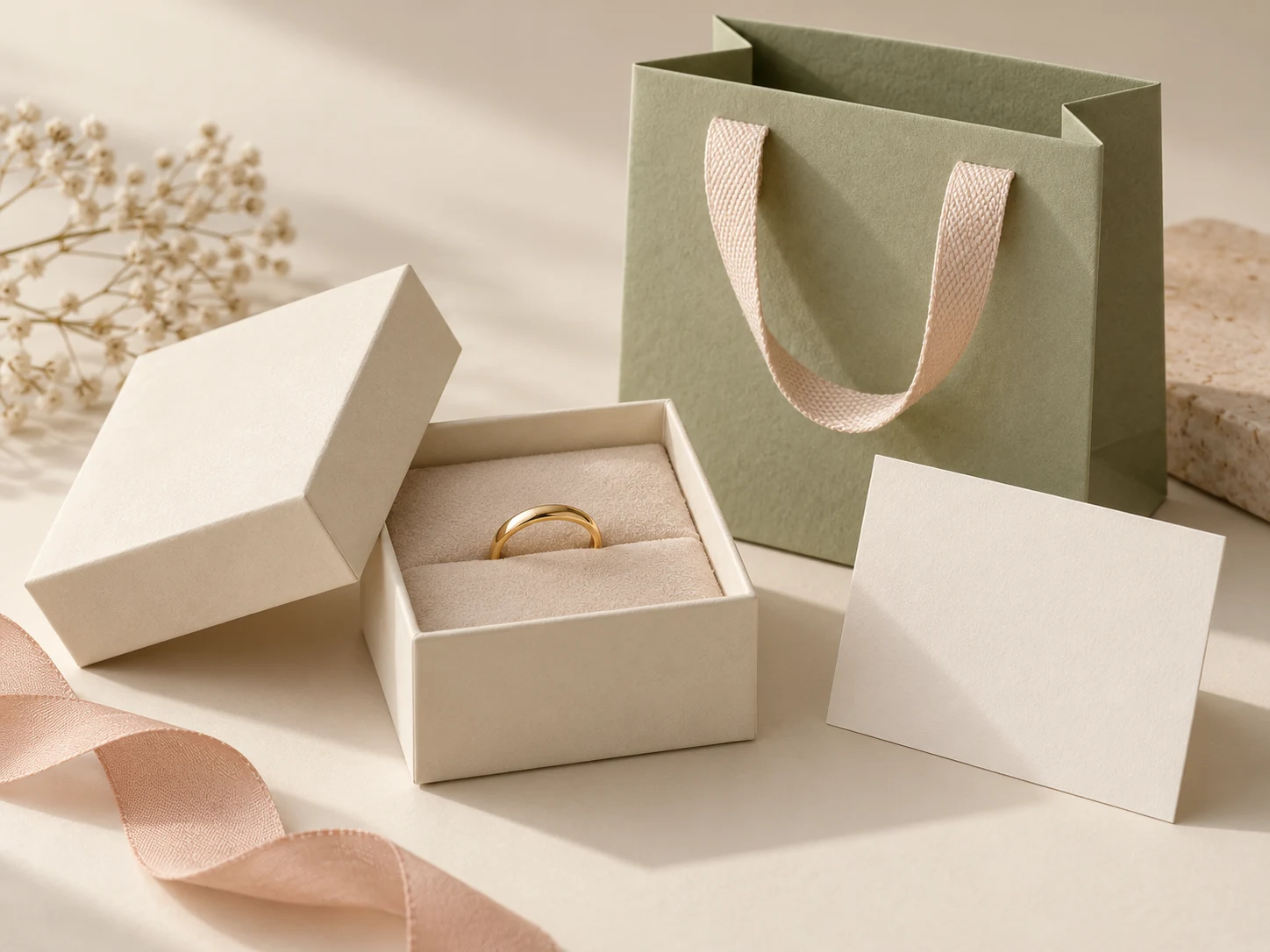 Unbranded ring box, paper bag and care card