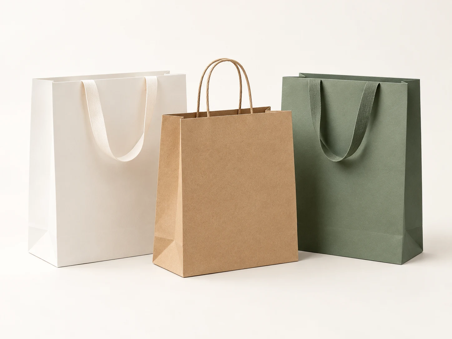 White, kraft and sage paper shopping bags with handles