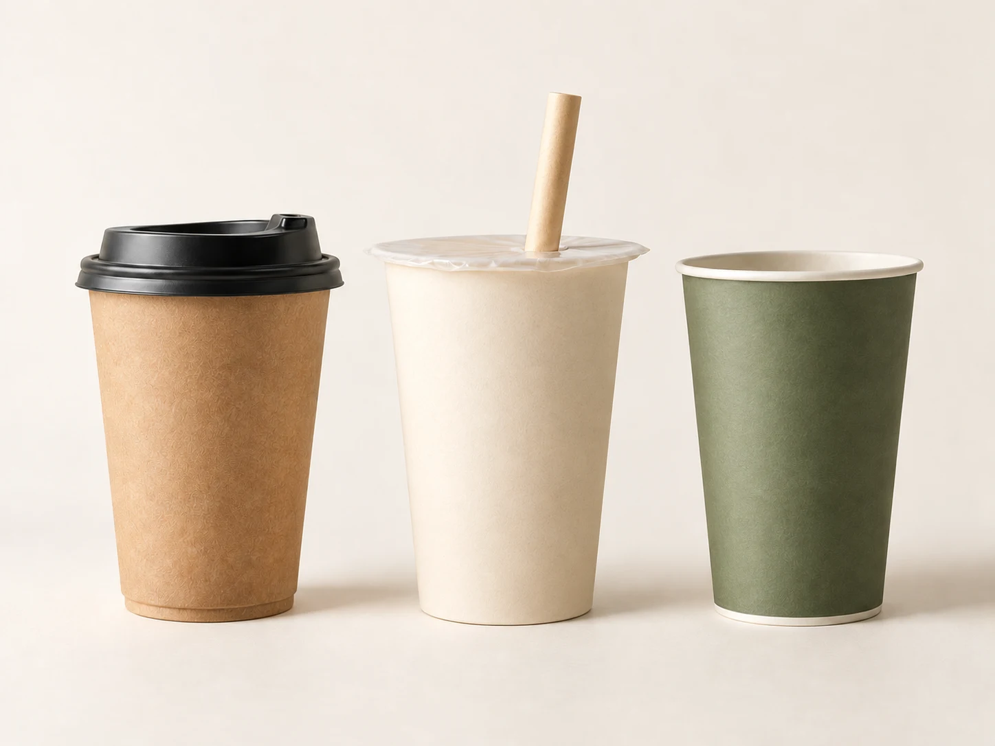 Unbranded paper coffee and bubble tea cups with lids